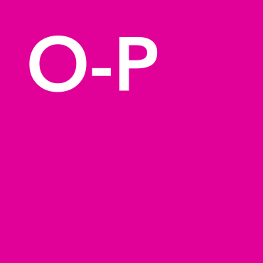 A pink square with O-P in white font in the upper left-hand corner.